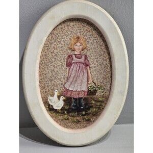 Vintage Oil On Wood Framed Prairie Girl With Geese Signed Cottagecore Painting